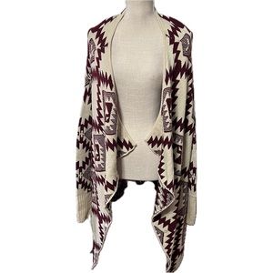 Kate Collection Burgundy/Cream Print Open Shawl Cardigan Sweater Sz S